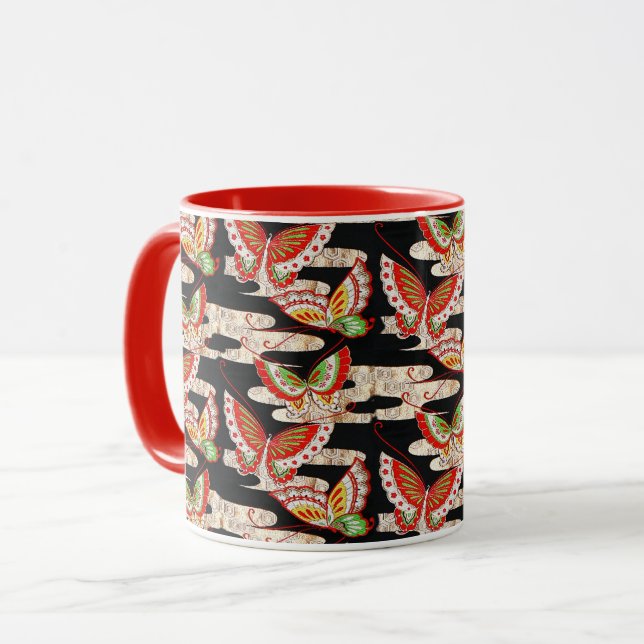 ANTIQUE JAPANESE BUTTERFLIES Red Black White Mugg (Framsida vänster)