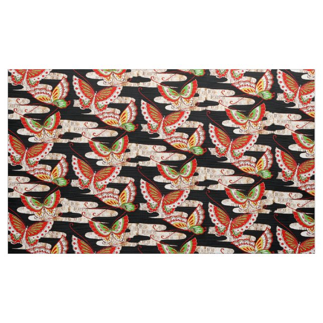 ANTIQUE JAPANESE BUTTERFLIES Red Black White Tyg (Yard)