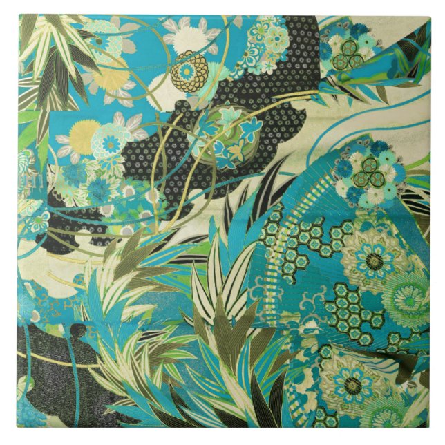 ANTIQUE JAPANESE FLOWERS Aqua Blue Grönt Blommigt Kakelplatta (Framsidan)