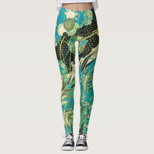 ANTIQUE JAPANESE FLOWERS Aqua Blue Grönt Blommigt Leggings