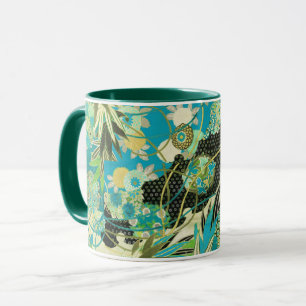 ANTIQUE JAPANESE FLOWERS Aqua Blue Grönt Blommigt Mugg