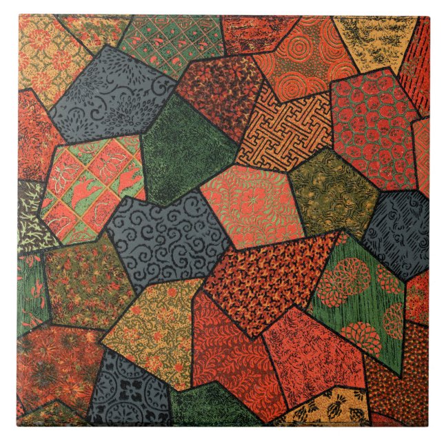 ANTIQUE JAPANESE FLOWERS,LÖV,GEOMETRISK BLOMMIGT KAKELPLATTA (Framsidan)