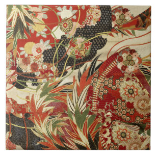 ANTIQUE JAPANESE FLOWERS Red Grönt Black Blommigt Kakelplatta