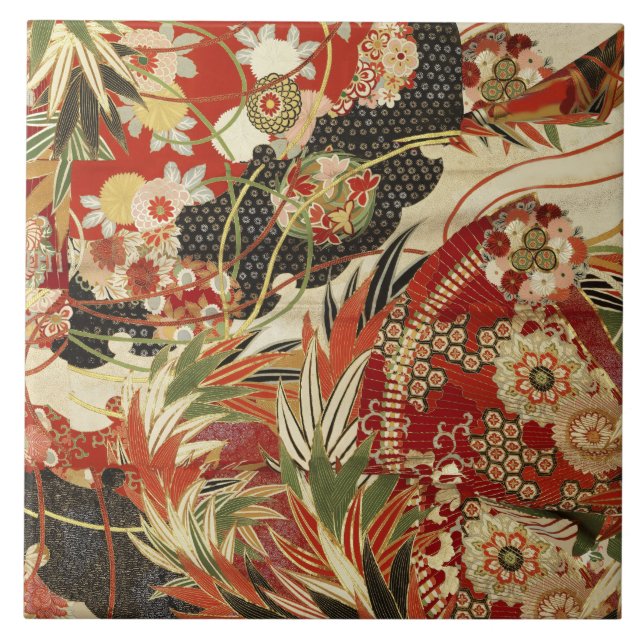 ANTIQUE JAPANESE FLOWERS Red Grönt Black Blommigt  Kakelplatta (Framsidan)