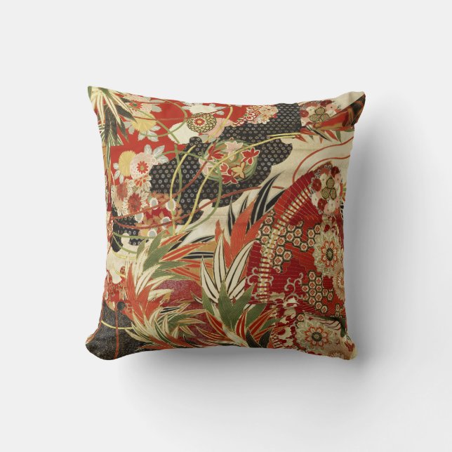 ANTIQUE JAPANESE FLOWERS Red Grönt Black Blommigt Kudde (Framsida)