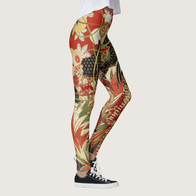 ANTIQUE JAPANESE FLOWERS Red Grönt Black Blommigt  Leggings (Höger)