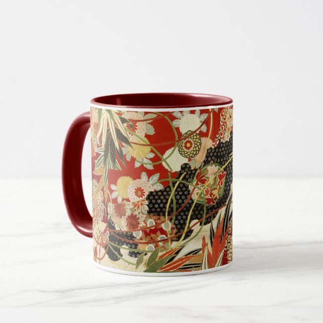 ANTIQUE JAPANESE FLOWERS Red Grönt Black Blommigt Mugg (Framsida vänster)