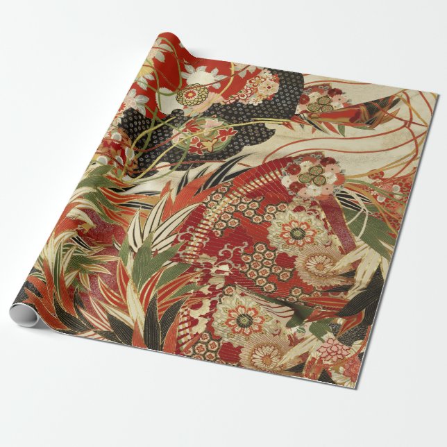 ANTIQUE JAPANESE FLOWERS Red Grönt Black Blommigt Presentpapper (Utrullad)
