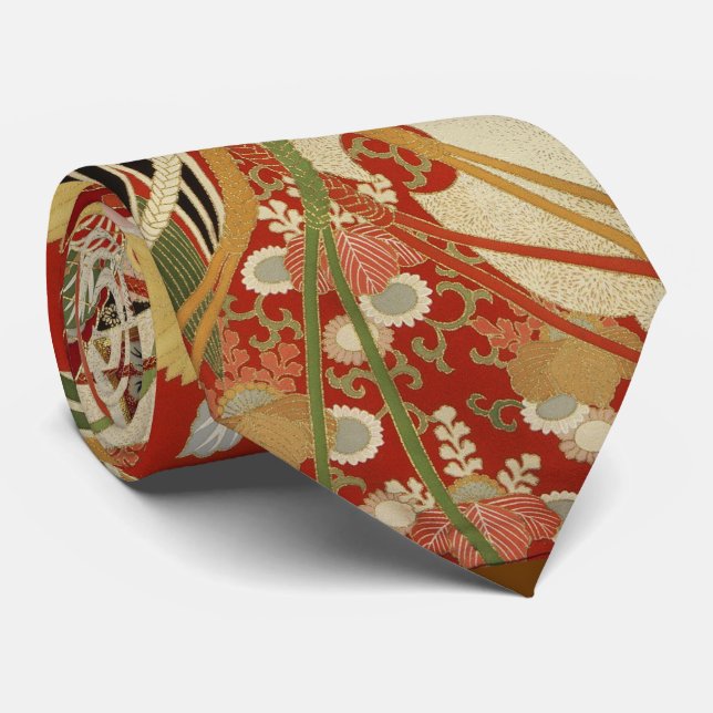 ANTIQUE JAPANESE FLOWERS Red Grönt Black Blommigt  Slips (Rullad)