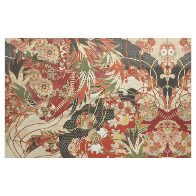 ANTIQUE JAPANESE FLOWERS Red Grönt Black Blommigt Tyg (Fat Quarter)
