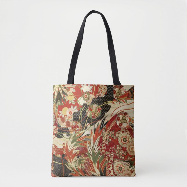 ANTIQUE JAPANESE FLOWERS Red Grönt Black Blommigt Tygkasse (Framsida)