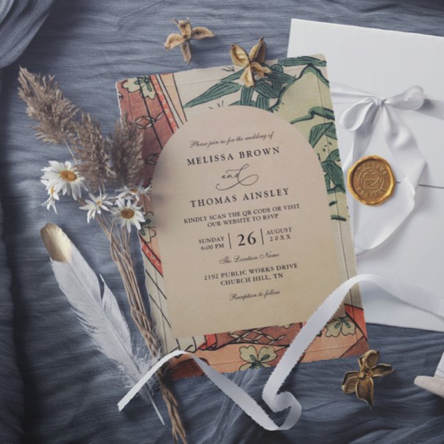 Antique Japanese Kimono Bamboo QR Code Wedding Inbjudningar (Skapare uppladdad)