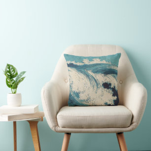 Antique japansk Blue Vågar Ocean Skriv ut Kudde