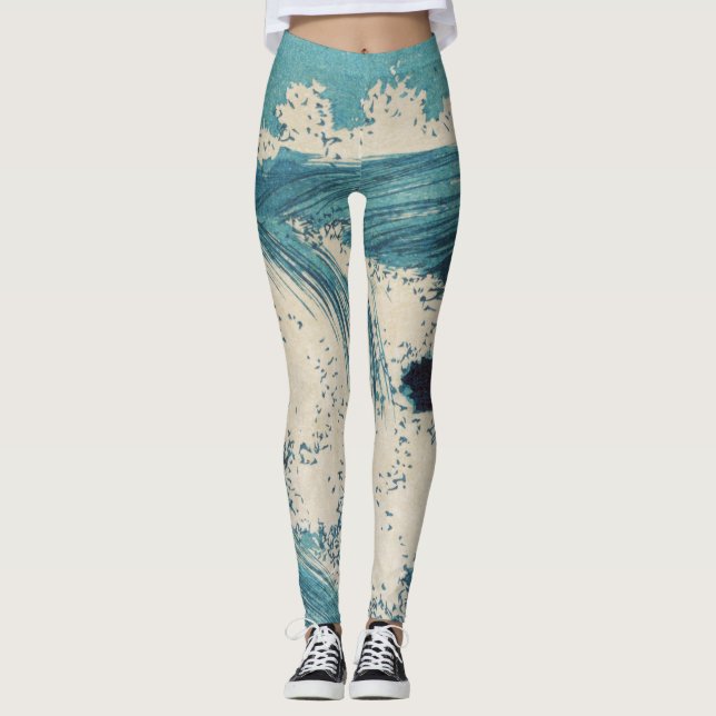 Antique japansk Blue Vågar Ocean Skriv ut Leggings (Framsida)