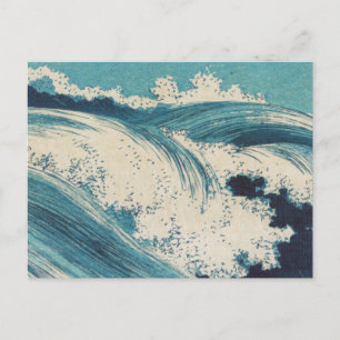 Antique japansk Blue Vågar Ocean Skriv ut Vykort