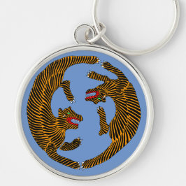 Antique Japansk folkkonst Tigers Rund Silverfärgad Nyckelring