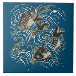 Antique Japansk Koi Fish Print Kakelplatta