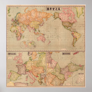 Antique Japansk World Map 1914 Poster