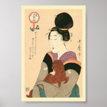Antique Japanska Painting of Geisha and Hund