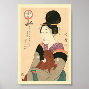 Antique Japanska Painting of Geisha and Hund Poster