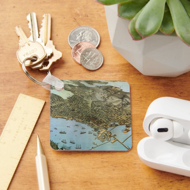 Antique Karta Aerial View City of Seattle Washingt Nyckelring (Skrivbord)