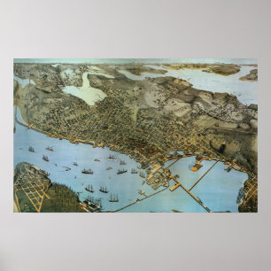 Antique Karta Aerial View City of Seattle Washingt Poster