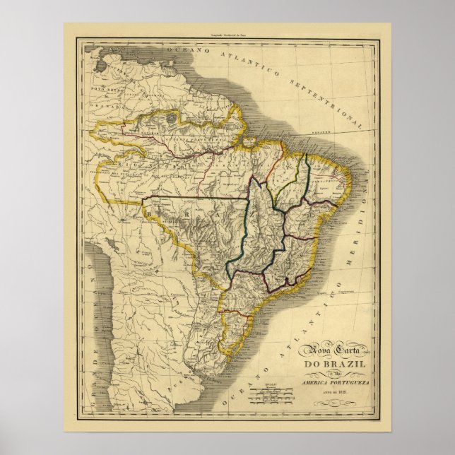 Antique karta i Brasilien 1821 Poster (Framsidan)