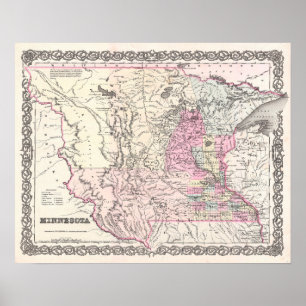 Antique Karta i delstaten Minnesota Poster