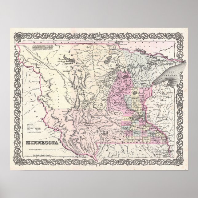 Antique Karta i delstaten Minnesota Poster (Framsidan)