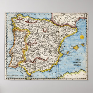 Antique karta i den iberiska Peninsulan Poster