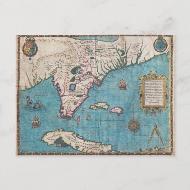 Antique Karta i Florida och Kuba Vykort (Framsida)