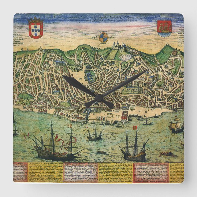 Antique Karta i Lissabon, Portugal, Braun/Hogenber Fyrkantig Klocka (Framsida)