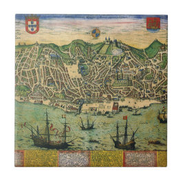 Antique Karta i Lissabon, Portugal, Braun/Hogenber Kakelplatta