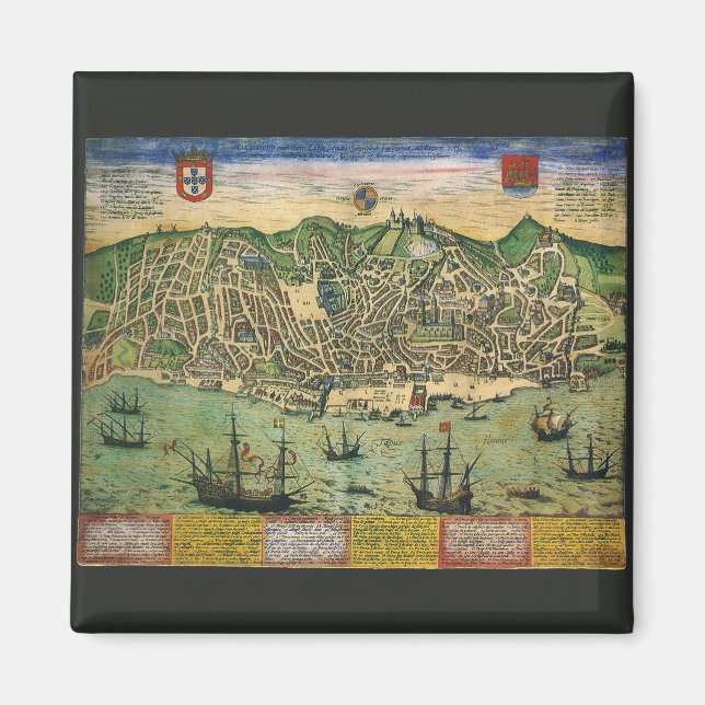 Antique Karta i Lissabon, Portugal, Braun/Hogenber Magnet (Framsidan)