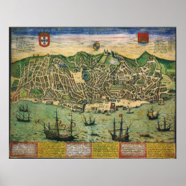 Antique Karta i Lissabon, Portugal, Braun/Hogenber Poster