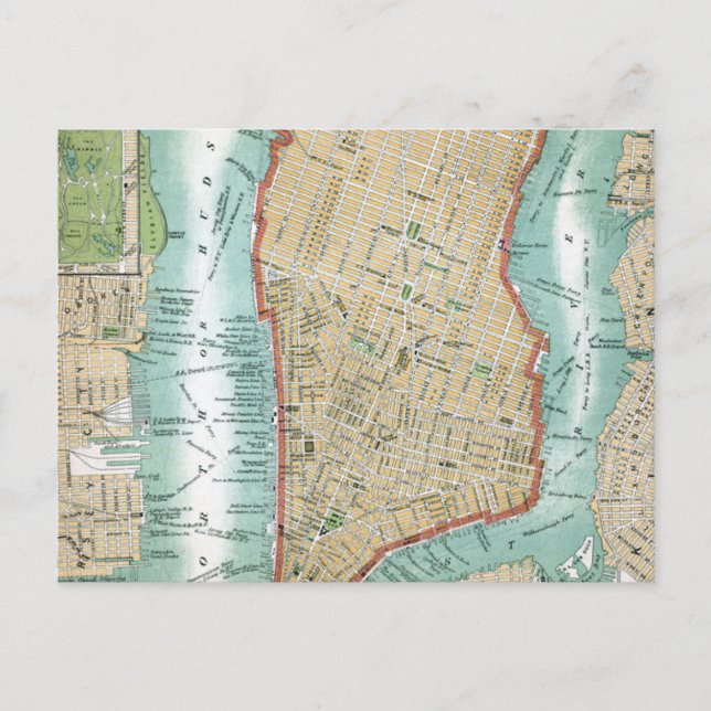 Antique Karta i Lower Manhattan och Central Park Vykort (Framsida)