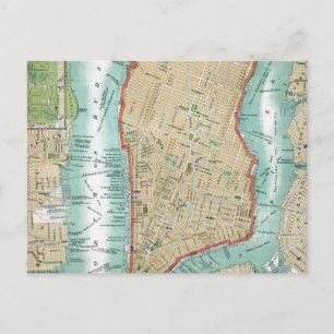 Antique Karta i Lower Manhattan och Central Park Vykort