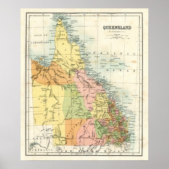 Antique karta i Queensland Australien Poster (Framsidan)