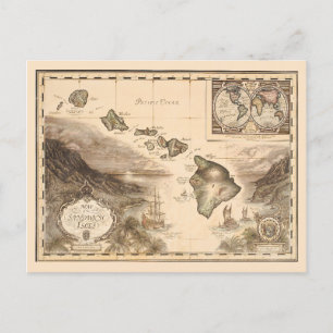 Antique karta i Sandwich Isles Hawaii 1700-talet Vykort