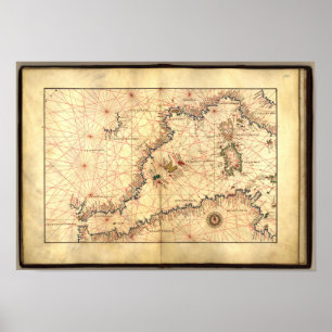 Antique Karta i Westerna Medelhavet Poster