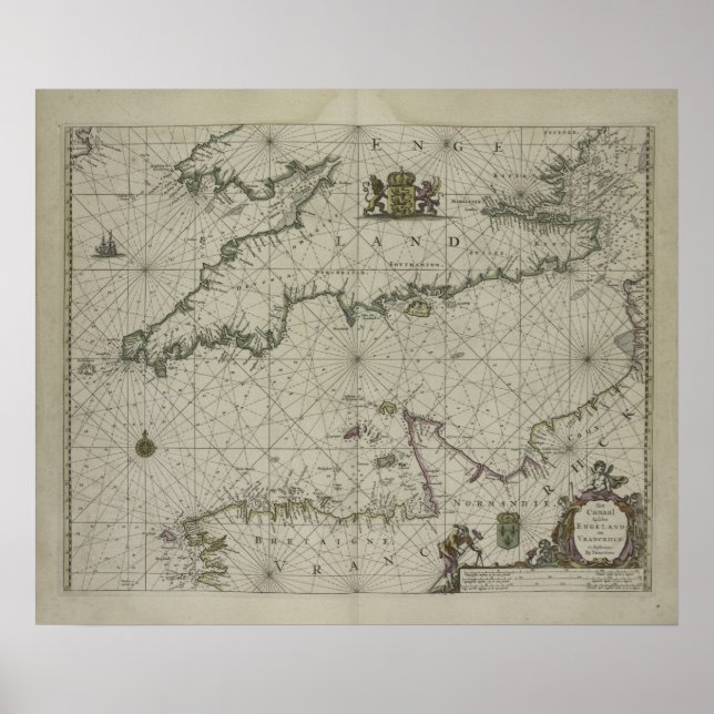 Antique Karta of Channel, 1666 (färg engrave) Poster (Framsidan)