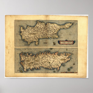 Antique Karta of Cyprus ORTELIUS ATLAS 1570 A.D. Poster