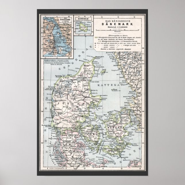 Antique Karta of Danmark, Danmark, Danmark, 1905 Poster (Framsidan)