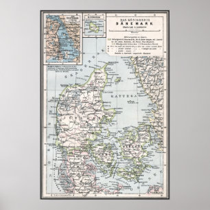 Antique Karta of Danmark, Danmark, Danmark, 1905 Poster