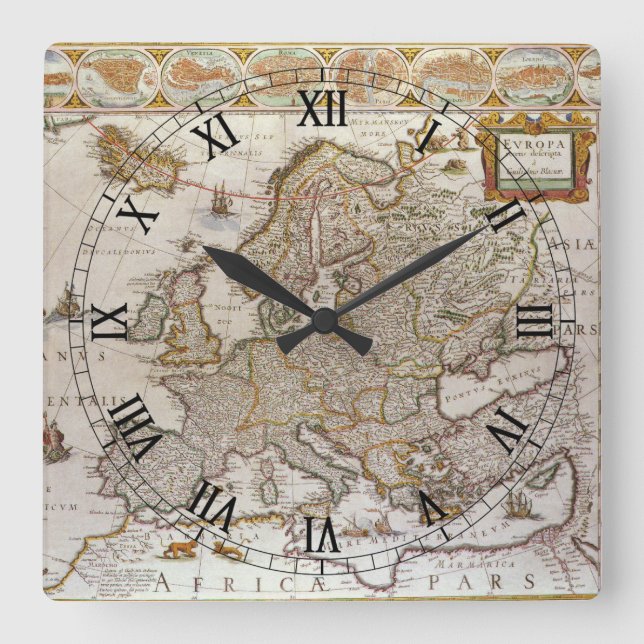 Antique Karta of Europe av Willem Jansz Blaeu, c16 Fyrkantig Klocka (Framsida)