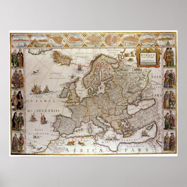 Antique Karta of Europe av Willem Jansz Blaeu, c16 Poster (Framsidan)