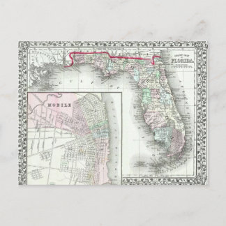 Antique Karta of Florida & Mobile, Alabama Vykort