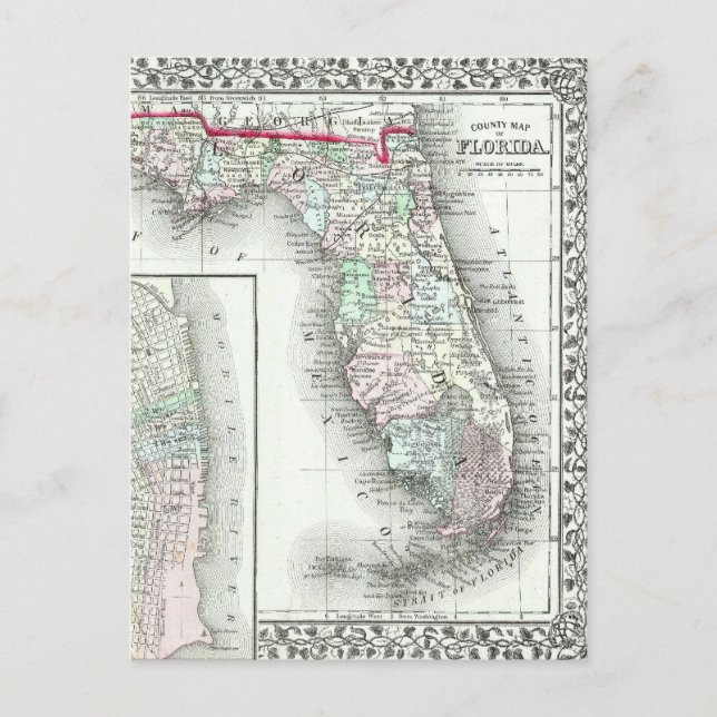 Antique Karta of Florida & Mobile, Alabama Vykort (Framsida)