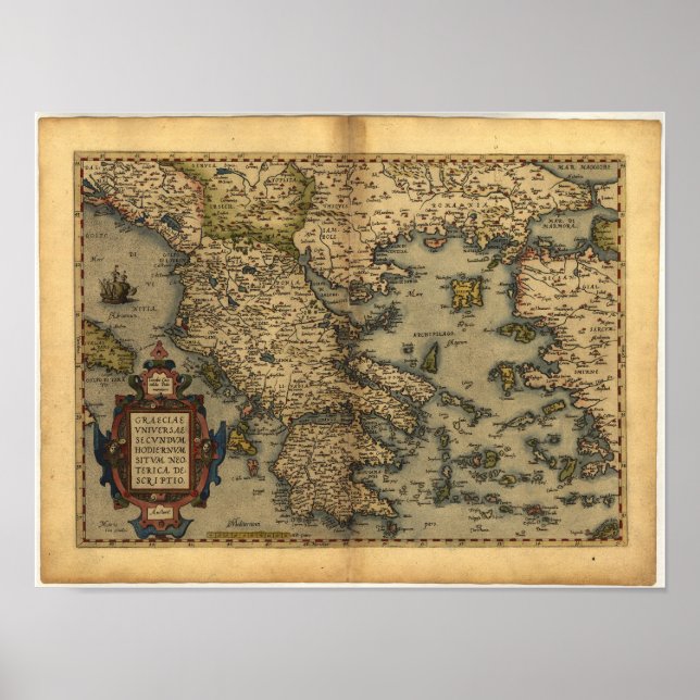 Antique Karta of Greece ORTELIUS ATLAS 1570 A.D. Poster (Framsidan)