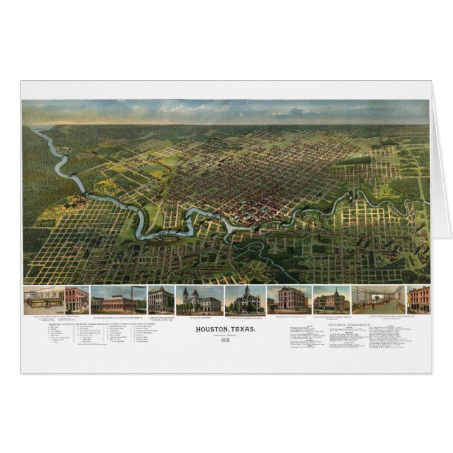 Antique Karta of Houston, Texas med Buffalo River Hälsningskort (Framsidan Horizontal)